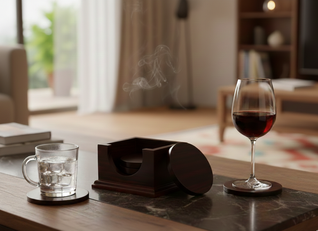 Juego de 6 porta vasos con caja - Madera de Ébano